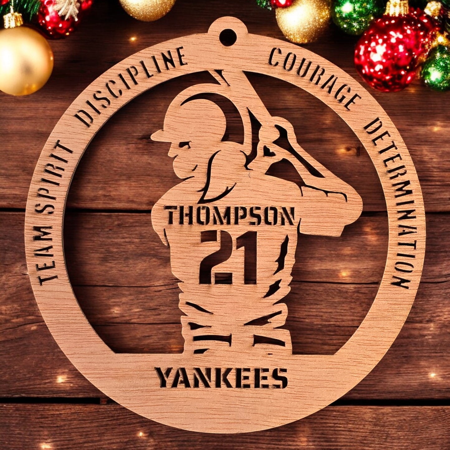 Personalized wooden baseball player ornament – girl version