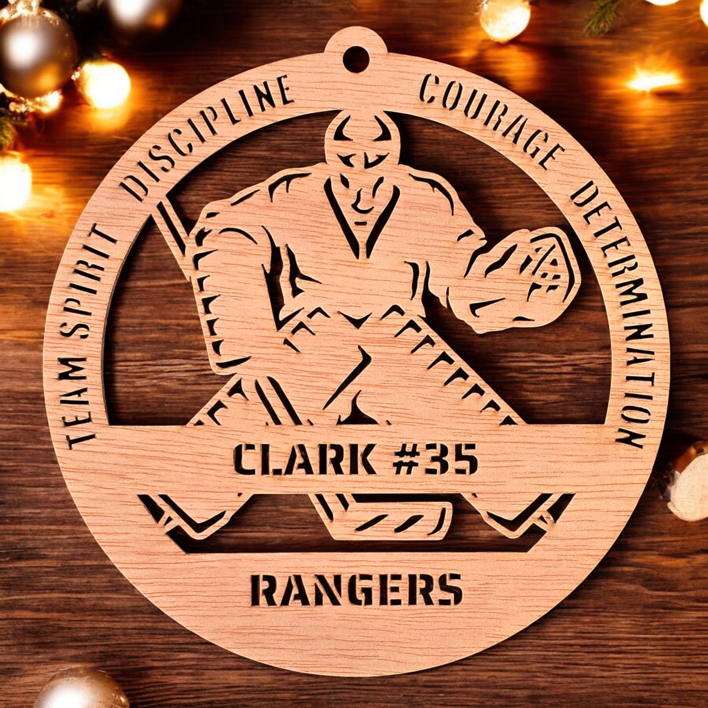 Personalized wooden hockey goalie ornament