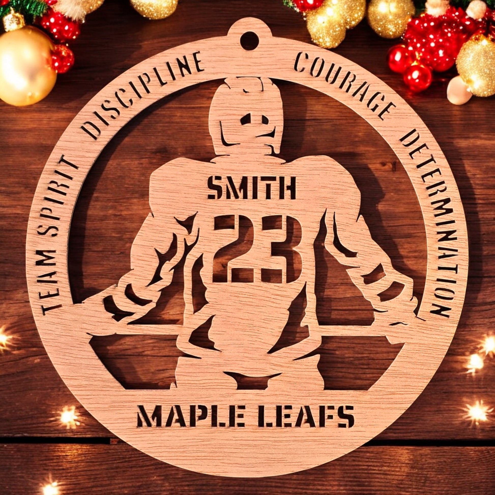 Personalized wooden hockey player ornament – boy version