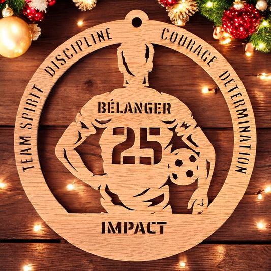 Personalized wooden soccer player ornament – boy version