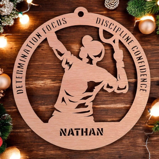 Personalized wooden tennis player ornament – boy version